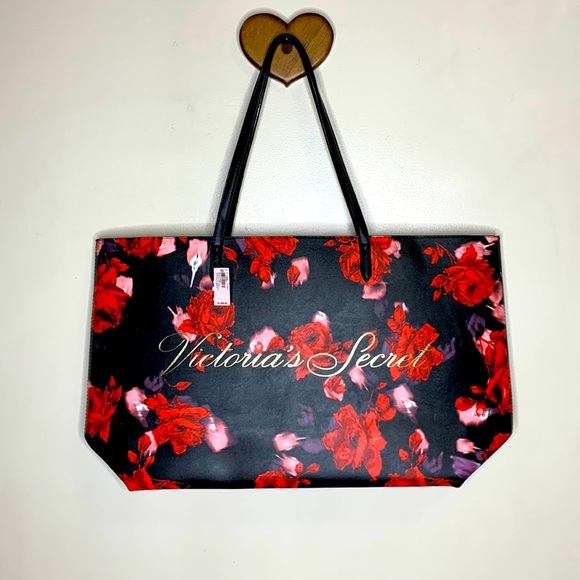 Victoria's Secret Handbags - Victoria’s Secret | Large Black Leather Red & Pink Floral Tote Bag  Romantic NWT